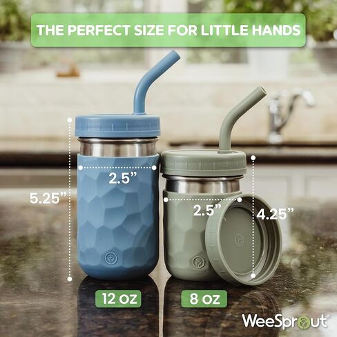 كوب شرب WeeSprout 2 في 1 للأطفال، (12 أونصة أخضر) بهلوان متين من الفولاذ المقاوم للصدأ للعصائر، ماصات سيليكون مع سدادات، أغطية ملتوية بلاستيكية فاخرة، أكمام سهلة الإمساك، آمنة للاستخدام في غسالة الأطباق in Kuwait