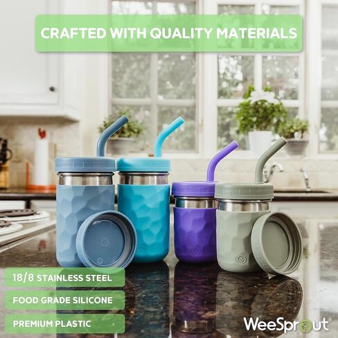 كوب شرب WeeSprout 2 في 1 للأطفال، (12 أونصة أخضر) بهلوان متين من الفولاذ المقاوم للصدأ للعصائر، ماصات سيليكون مع سدادات، أغطية ملتوية بلاستيكية فاخرة، أكمام سهلة الإمساك، آمنة للاستخدام في غسالة الأطباق in Kuwait