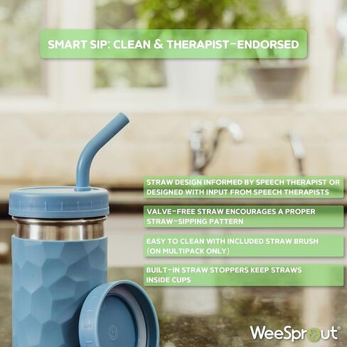 كوب شرب WeeSprout 2 في 1 للأطفال، (12 أونصة أخضر) بهلوان متين من الفولاذ المقاوم للصدأ للعصائر، ماصات سيليكون مع سدادات، أغطية ملتوية بلاستيكية فاخرة، أكمام سهلة الإمساك، آمنة للاستخدام في غسالة الأطباق in Kuwait