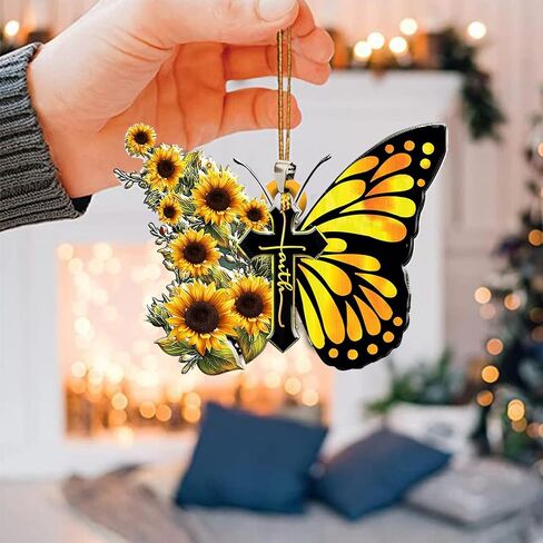 إكسسوارات مرآة الرؤية الخلفية للسيارة، فراشة عباد الشمس، صليب يسوع المسيحي، زخرفة معلقة ثنائية الأبعاد، هدايا دينية مسطحة للمنزل المسيحي، ديكور السيارة، سحر الرؤية الخلفية الداخلية للرجال والنساء in Kuwait