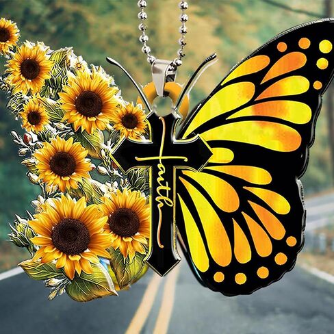 إكسسوارات مرآة الرؤية الخلفية للسيارة، فراشة عباد الشمس، صليب يسوع المسيحي، زخرفة معلقة ثنائية الأبعاد، هدايا دينية مسطحة للمنزل المسيحي، ديكور السيارة، سحر الرؤية الخلفية الداخلية للرجال والنساء in Kuwait