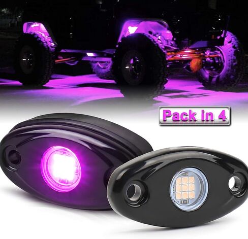 أضواء الصخور LED، 4 كبسولات أرجوانية وردية LED نيون تحت الوهج مجموعات إضاءة مقاومة للماء IP68 مجموعة إضاءة الصخور متوافقة مع سيارات جيب للطرق الوعرة ATV SUV والشاحنات والسيارات والدراجات النارية in Kuwait