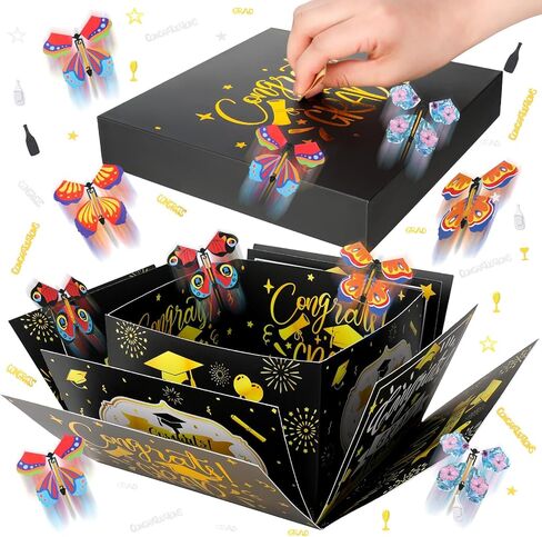 XLSXEXCL Graduation Flying Butterfly Surprise Box, Graduation Explosion Surprise Gift Box, Butterfly Party Favors DIY Exploding Surprise Butterfly Gift Box Graduation Gift for Graduate, 7.9x7.9x5 in Saudi Arabia