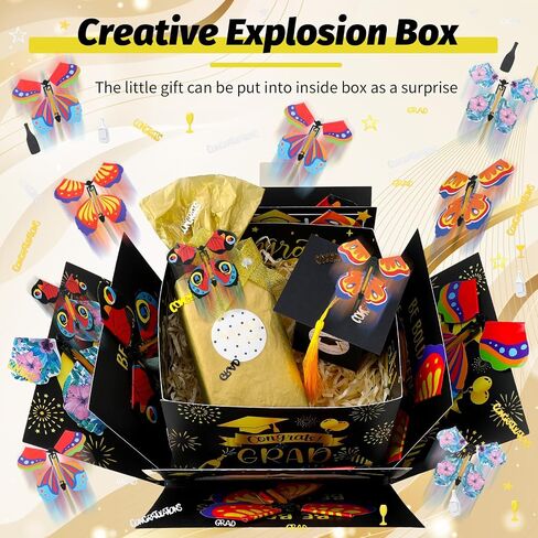 XLSXEXCL Graduation Flying Butterfly Surprise Box, Graduation Explosion Surprise Gift Box, Butterfly Party Favors DIY Exploding Surprise Butterfly Gift Box Graduation Gift for Graduate, 7.9x7.9x5 in Saudi Arabia