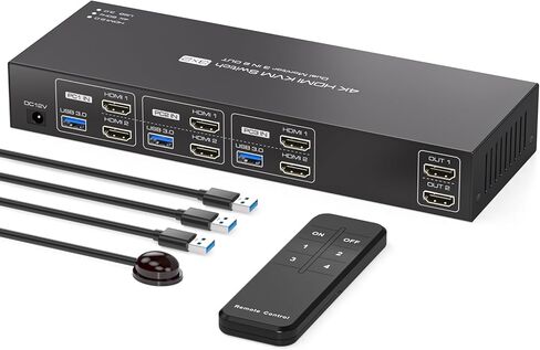 PVBCTCSID KVM Switch 2 شاشات 3 أجهزة كمبيوتر 4K @ 60 هرتز KVM Switch شاشة مزدوجة لـ 3 أجهزة كمبيوتر 2 شاشات مشتركة 4 أجهزة USB 3.0 مع أجهزة التحكم عن بعد وكابل USB in Kuwait