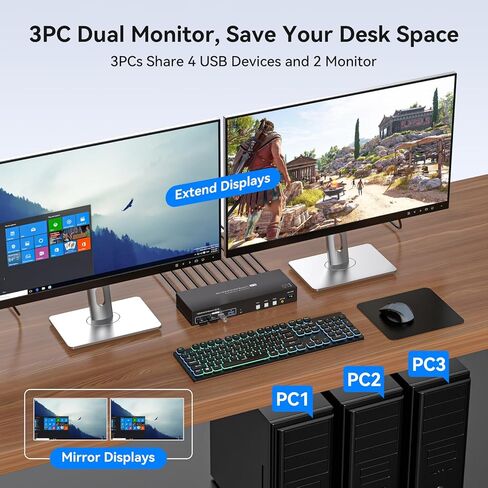 PVBCTCSID KVM Switch 2 شاشات 3 أجهزة كمبيوتر 4K @ 60 هرتز KVM Switch شاشة مزدوجة لـ 3 أجهزة كمبيوتر 2 شاشات مشتركة 4 أجهزة USB 3.0 مع أجهزة التحكم عن بعد وكابل USB in Kuwait