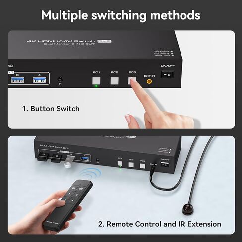PVBCTCSID KVM Switch 2 شاشات 3 أجهزة كمبيوتر 4K @ 60 هرتز KVM Switch شاشة مزدوجة لـ 3 أجهزة كمبيوتر 2 شاشات مشتركة 4 أجهزة USB 3.0 مع أجهزة التحكم عن بعد وكابل USB in Kuwait