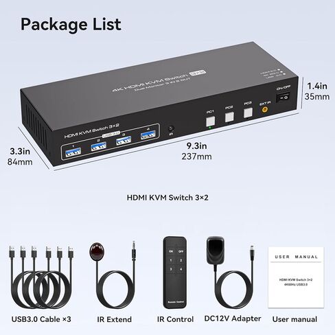 PVBCTCSID KVM Switch 2 شاشات 3 أجهزة كمبيوتر 4K @ 60 هرتز KVM Switch شاشة مزدوجة لـ 3 أجهزة كمبيوتر 2 شاشات مشتركة 4 أجهزة USB 3.0 مع أجهزة التحكم عن بعد وكابل USB in Kuwait