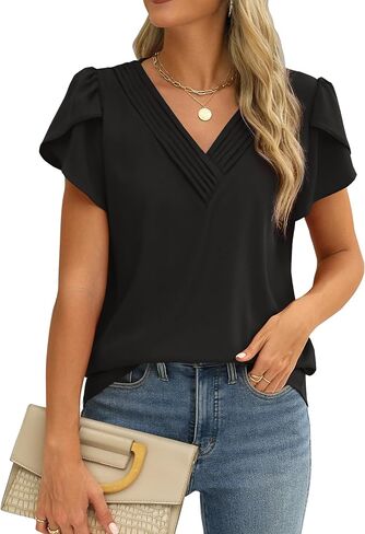 Fayenne Womens Tops Dressy Casual V Neck Ruffle Short Sleeve Blouse Business Casual Tops Chiffon Flowy Shirt Cute Summer Tops in Saudi Arabia