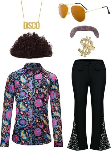 RAINDEWLL 70s Outfits for Men Disco Costume Disco Shirt Bell Bottom Pants Afro Wig Sunglasses Disco Necklace Ring Mustache in Saudi Arabia