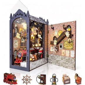 DIY Retro Train Station Book Nook Kit, 3D Wooden Miniature Dollhouse Puzzle Bookend with LED Light, Beginner-Friendly for Adults, Book Lovers & Collectors, Bookshelf Decor & Ideal Gift in Saudi Arabia