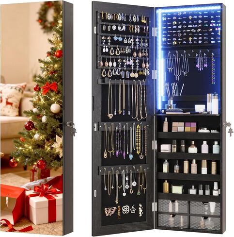 47.2" LED Jewelry Mirror Cabinet, Wall/Door Mounted Jewelry Armoire Organizer with Full Length Mirror, Large Storage Hanging Cabinet, 4 Drawers, 5 Shelves, Built-in Lighted Mirror (White) in Saudi Arabia