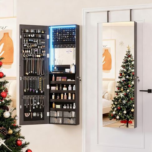 47.2" LED Jewelry Mirror Cabinet, Wall/Door Mounted Jewelry Armoire Organizer with Full Length Mirror, Large Storage Hanging Cabinet, 4 Drawers, 5 Shelves, Built-in Lighted Mirror (White) in Saudi Arabia