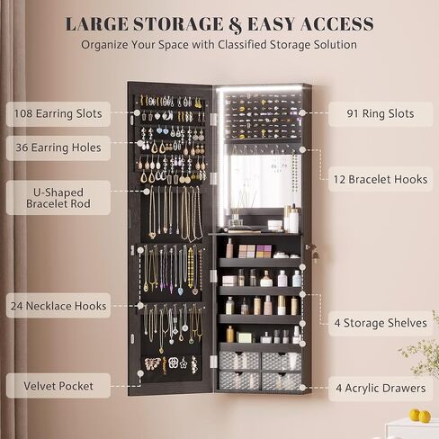 47.2" LED Jewelry Mirror Cabinet, Wall/Door Mounted Jewelry Armoire Organizer with Full Length Mirror, Large Storage Hanging Cabinet, 4 Drawers, 5 Shelves, Built-in Lighted Mirror (White) in Saudi Arabia