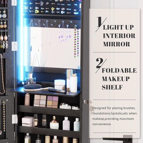 47.2" LED Jewelry Mirror Cabinet, Wall/Door Mounted Jewelry Armoire Organizer with Full Length Mirror, Large Storage Hanging Cabinet, 4 Drawers, 5 Shelves, Built-in Lighted Mirror (White) in Saudi Arabia