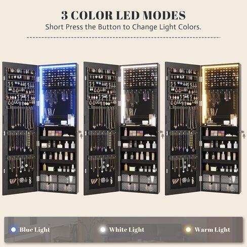 47.2" LED Jewelry Mirror Cabinet, Wall/Door Mounted Jewelry Armoire Organizer with Full Length Mirror, Large Storage Hanging Cabinet, 4 Drawers, 5 Shelves, Built-in Lighted Mirror (White) in Saudi Arabia