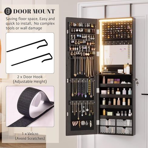 47.2" LED Jewelry Mirror Cabinet, Wall/Door Mounted Jewelry Armoire Organizer with Full Length Mirror, Large Storage Hanging Cabinet, 4 Drawers, 5 Shelves, Built-in Lighted Mirror (White) in Saudi Arabia