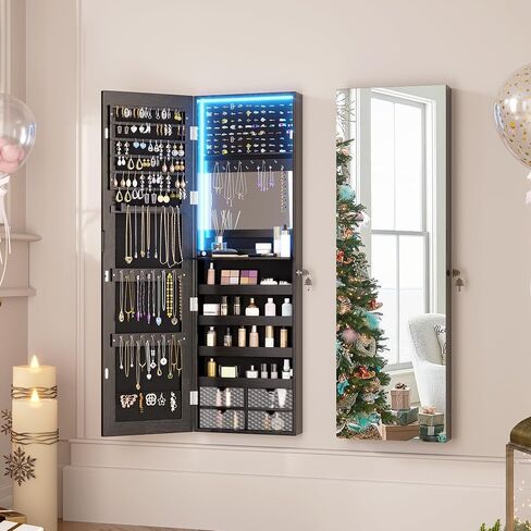 47.2" LED Jewelry Mirror Cabinet, Wall/Door Mounted Jewelry Armoire Organizer with Full Length Mirror, Large Storage Hanging Cabinet, 4 Drawers, 5 Shelves, Built-in Lighted Mirror (White) in Saudi Arabia