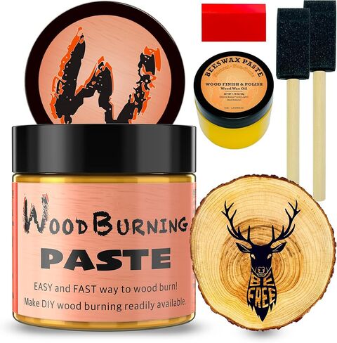 LAOBIAO Wood Burning Paste Beeswax Kit, 1 Jar Wood Burning Gel with 1 Jar Beeswax Paste, 2 Foam Paint Brushes and Squeegees for DIY Arts and Crafting & Stencil Wood Burning in Saudi Arabia