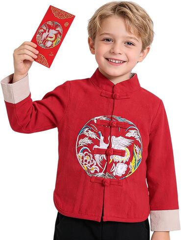 Pukdaswr Boy Tang Suit Retro كم طويل قميص السنة الصينية الجديدة الزي الملابس الصينية التقليدية للأطفال جاكيتات معطف in Saudi Arabia