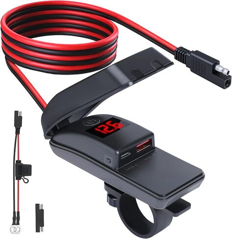 شاحن هاتف للدراجات النارية EXTRACTME، 36 وات مزدوج USB من النوع C PD 3.0 وQC 3.0 شاحن USB للدراجات النارية مع الفولتميتر ومفتاح التشغيل/الإيقاف، شحن سريع مقاوم للماء SAE إلى USB للهاتف والكمبيوتر اللوحي ونظام تحديد المواقع وما إلى ذلك in Kuwait