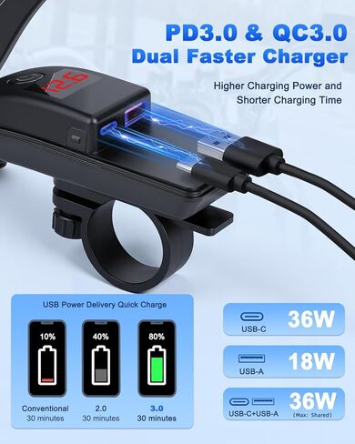شاحن هاتف للدراجات النارية EXTRACTME، 36 وات مزدوج USB من النوع C PD 3.0 وQC 3.0 شاحن USB للدراجات النارية مع الفولتميتر ومفتاح التشغيل/الإيقاف، شحن سريع مقاوم للماء SAE إلى USB للهاتف والكمبيوتر اللوحي ونظام تحديد المواقع وما إلى ذلك in Kuwait