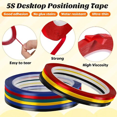 BESPORTBLE 10-Pack 5s Desktop Positioning Tape, 0. 12 Inch X 164 Feet, Whiteboard Marker Tape, Seamless Warning Segment Color Coding Lines for Office, Classroom, and Workshop (Black/Blue/Green/YEL in Saudi Arabia