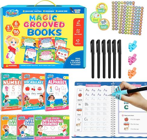 Magic Grooved Writing Practice for Kids Ages 3–8, Reusable Handwriting Workbooks with Deep Tracing Grooves – Letters, Numbers, Math & Drawing – Disappearing Ink Pens & Grips – Great Gifts for Kids in Saudi Arabia
