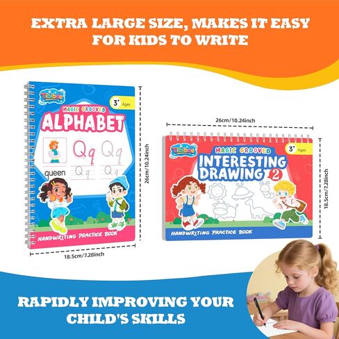 Magic Grooved Writing Practice for Kids Ages 3–8, Reusable Handwriting Workbooks with Deep Tracing Grooves – Letters, Numbers, Math & Drawing – Disappearing Ink Pens & Grips – Great Gifts for Kids in Saudi Arabia