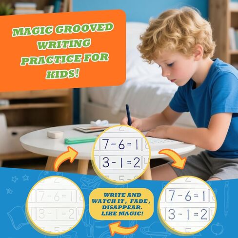 Magic Grooved Writing Practice for Kids Ages 3–8, Reusable Handwriting Workbooks with Deep Tracing Grooves – Letters, Numbers, Math & Drawing – Disappearing Ink Pens & Grips – Great Gifts for Kids in Saudi Arabia