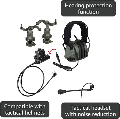 سماعة رأس للرماية التكتيكية Hdlsina + مع U94 PTT 2pin مع محول السكك الحديدية ARC للحد من الضوضاء وحماية الأذن لاقط الصوت in Kuwait