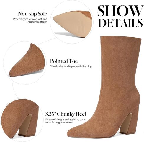 CYNLLIO حذاء كاحل للنساء من جلد الغزال البني بمقدمة مدببة حذاء شتوي واسع الساق مقاس 3.35 بوصة بكعب مكتنز بوتاس دي موجر أنيق in Kuwait