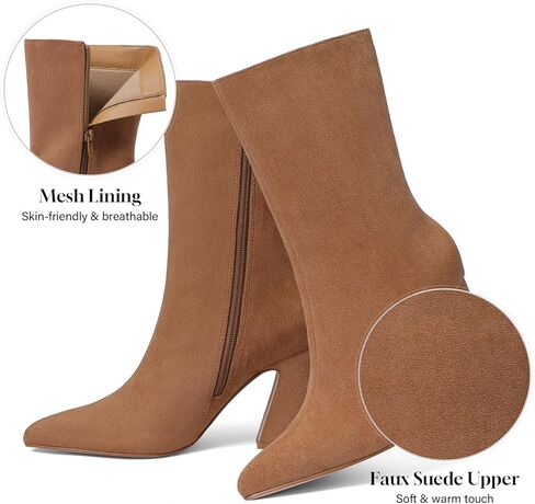 CYNLLIO حذاء كاحل للنساء من جلد الغزال البني بمقدمة مدببة حذاء شتوي واسع الساق مقاس 3.35 بوصة بكعب مكتنز بوتاس دي موجر أنيق in Kuwait