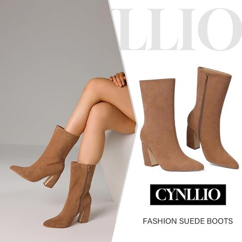 CYNLLIO حذاء كاحل للنساء من جلد الغزال البني بمقدمة مدببة حذاء شتوي واسع الساق مقاس 3.35 بوصة بكعب مكتنز بوتاس دي موجر أنيق in Kuwait