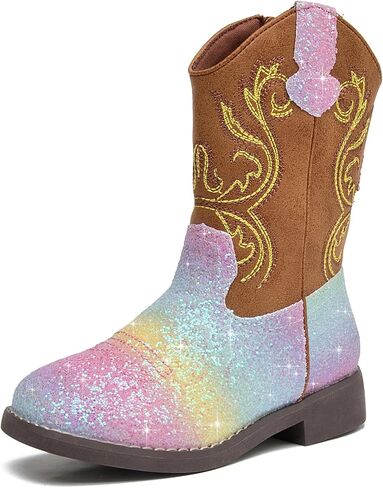 DADAWEN Kids Glitter Square Toe Cowgirl Boots Cowboy Western Boots Boys Girls Mid Calf Riding Shoes With Side Zipper in Saudi Arabia