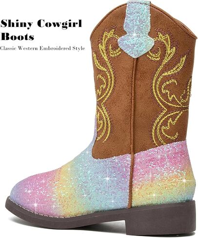 DADAWEN Kids Glitter Square Toe Cowgirl Boots Cowboy Western Boots Boys Girls Mid Calf Riding Shoes With Side Zipper in Saudi Arabia