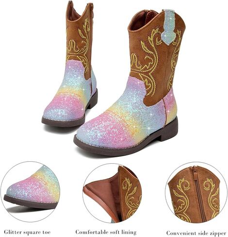 DADAWEN Kids Glitter Square Toe Cowgirl Boots Cowboy Western Boots Boys Girls Mid Calf Riding Shoes With Side Zipper in Saudi Arabia