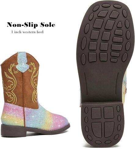 DADAWEN Kids Glitter Square Toe Cowgirl Boots Cowboy Western Boots Boys Girls Mid Calf Riding Shoes With Side Zipper in Saudi Arabia