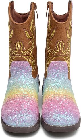 DADAWEN Kids Glitter Square Toe Cowgirl Boots Cowboy Western Boots Boys Girls Mid Calf Riding Shoes With Side Zipper in Saudi Arabia