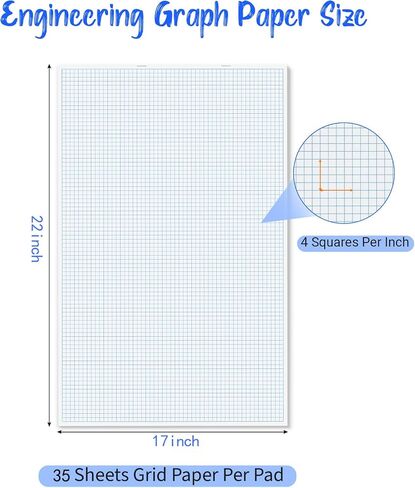 Large Grid Graph Paper Pad, 22 x 17 inches, 0.25" 4x4 Square Grid, Blueprint, High Brightness, 35 Sheets/70Pages, 2 Pack Engineering Graph Paper Pads (4 Squares Per Inch, 35 Sheets Each Pad.) in Saudi Arabia