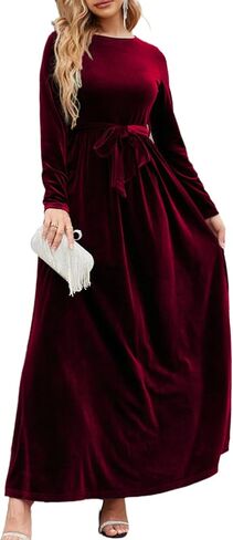 Women's Elegant Velvet Belted Pleated Long Sleeve Cocktail Party Formal Wedding Guest A-Line Maxi Long Dress in Saudi Arabia