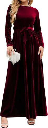 Women's Elegant Velvet Belted Pleated Long Sleeve Cocktail Party Formal Wedding Guest A-Line Maxi Long Dress in Saudi Arabia