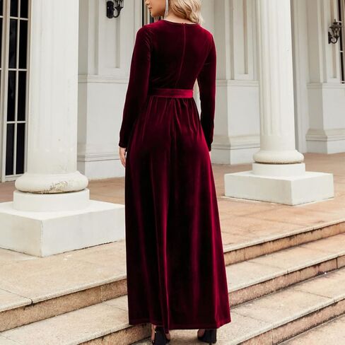 Women's Elegant Velvet Belted Pleated Long Sleeve Cocktail Party Formal Wedding Guest A-Line Maxi Long Dress in Saudi Arabia