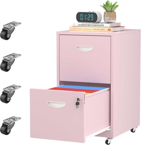 2 Drawer File Cabinet with Lock,Small Filing Cabinet for Home Office,Metal Vertical File Under Desk Cabinets for A4/Letter,Assembly Required,Pink in Saudi Arabia