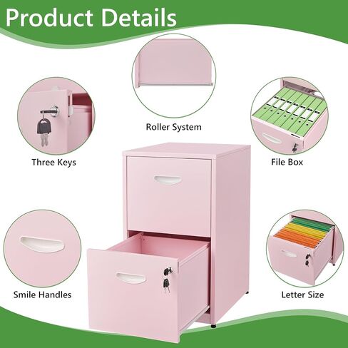 2 Drawer File Cabinet with Lock,Small Filing Cabinet for Home Office,Metal Vertical File Under Desk Cabinets for A4/Letter,Assembly Required,Pink in Saudi Arabia