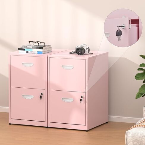 2 Drawer File Cabinet with Lock,Small Filing Cabinet for Home Office,Metal Vertical File Under Desk Cabinets for A4/Letter,Assembly Required,Pink in Saudi Arabia