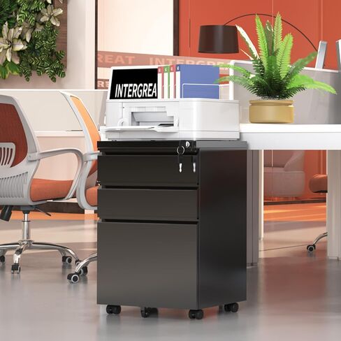 INTERGREAT 3 Drawer Mobile File Cabinet with Lock, Metal Filing Cabinets for Home Office, Rolling Under Desk Organizer for Letters/Legal/A4, (Fully Assembled-Black) in Kuwait