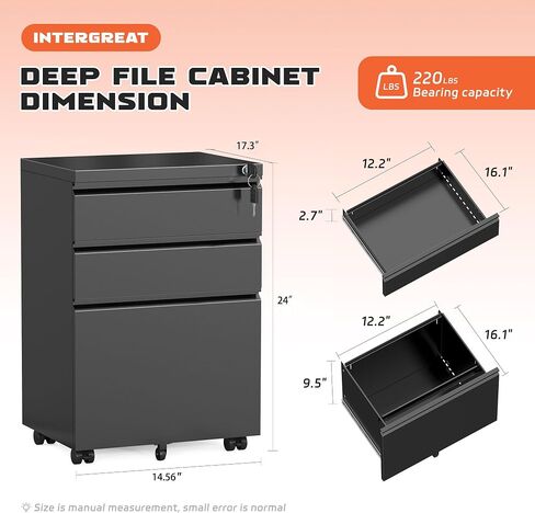 INTERGREAT 3 Drawer Mobile File Cabinet with Lock, Metal Filing Cabinets for Home Office, Rolling Under Desk Organizer for Letters/Legal/A4, (Fully Assembled-Black) in Kuwait