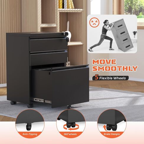 INTERGREAT 3 Drawer Mobile File Cabinet with Lock, Metal Filing Cabinets for Home Office, Rolling Under Desk Organizer for Letters/Legal/A4, (Fully Assembled-Black) in Kuwait