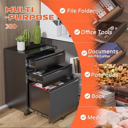 INTERGREAT 3 Drawer Mobile File Cabinet with Lock, Metal Filing Cabinets for Home Office, Rolling Under Desk Organizer for Letters/Legal/A4, (Fully Assembled-Black) in Kuwait